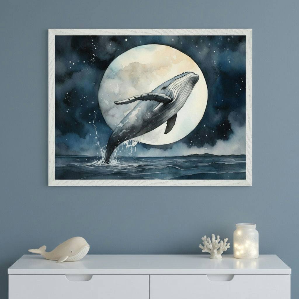 Modern nursery with a white dresser. A framed watercolor painting of a gray whale breaching from the ocean against a full moon and starry night sky hangs centered above the dresser. A whale figurine, coral, and light jar are on the dresser.