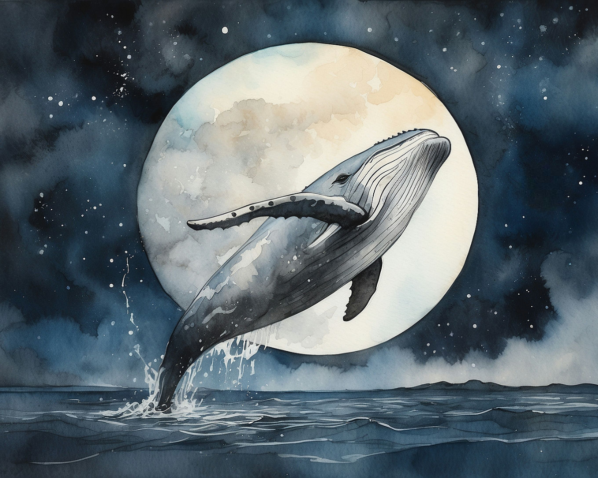 A majestic whale breaches the ocean surface, silhouetted against a large, luminous full moon in a starry night sky. The watercolor painting captures splashes of water and the whale's graceful form, creating a serene and dreamlike scene.