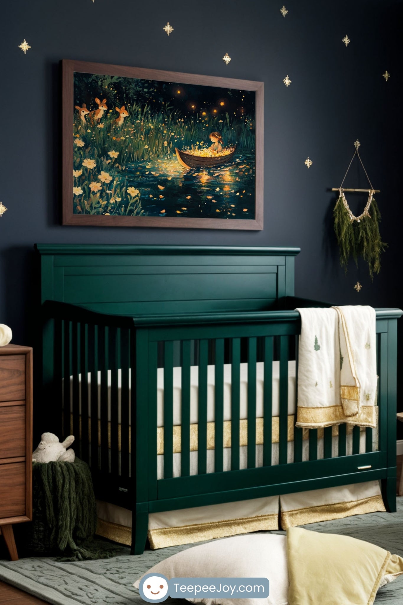 Cozy nursery with a dark green crib against a navy blue wall decorated with gold star decals. Above the crib hangs a framed painting of a boat on a glowing river surrounded by deer and fireflies. The room features warm wood furniture, a cream-colored armchair with a dark green pillow, a soft area rug, and gold-accented decor, creating a serene and whimsical atmosphere.