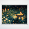 Wildflower Wall Art for Nursery, Playroom or Kids Bedrooms - Enchanting Floral Scene with Deer and Girl in Boat - Firefly Voyage
