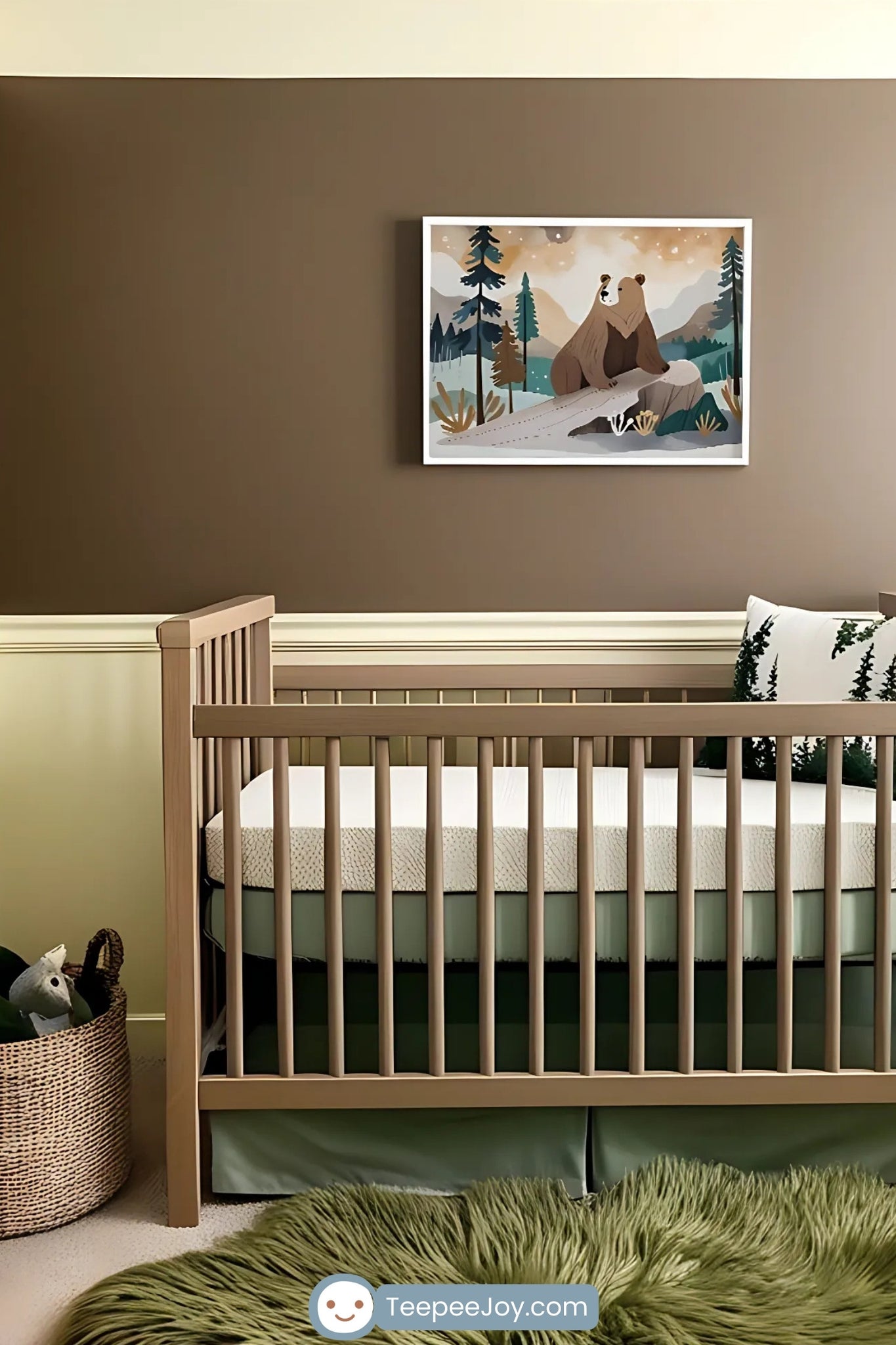 The image showcases a cozy nursery featuring a warm brown and cream color palette. A crib with green accents is centered below a charming framed artwork of a bear in a serene forest scene. The room is styled with natural textures, including a soft green rug and a basket filled with plush toys, creating a nature-inspired and tranquil space.