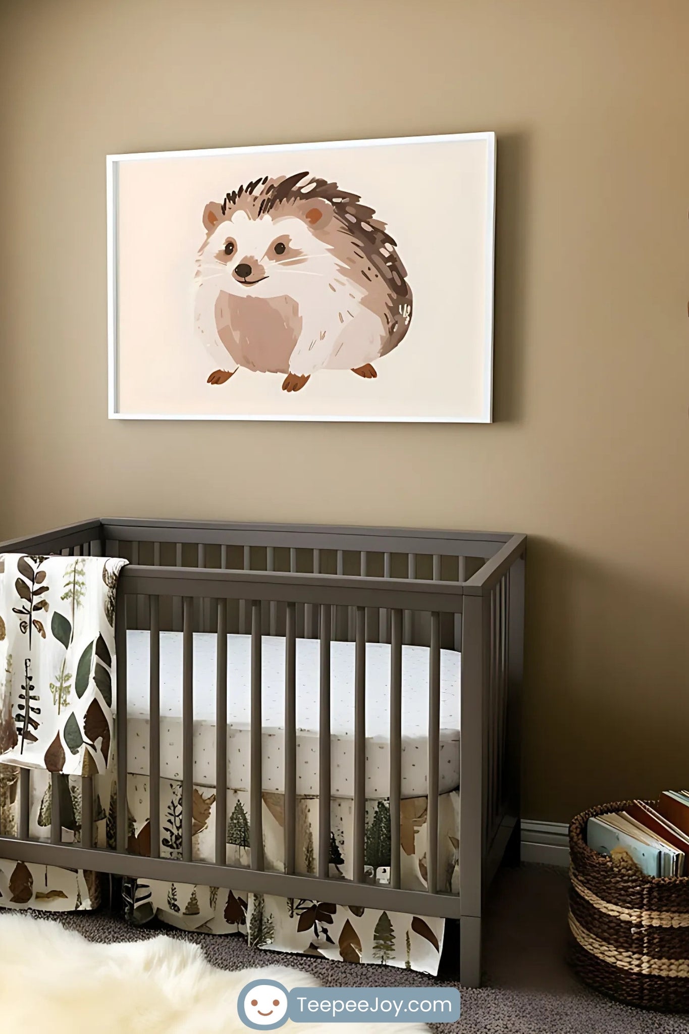 A woodland-themed nursery featuring a dark gray crib with forest-inspired bedding, including tree and leaf patterns. Above the crib hangs a framed illustration of a cute, fluffy hedgehog in soft brown and beige tones. A woven basket filled with books sits nearby, complementing the earthy, cozy atmosphere.