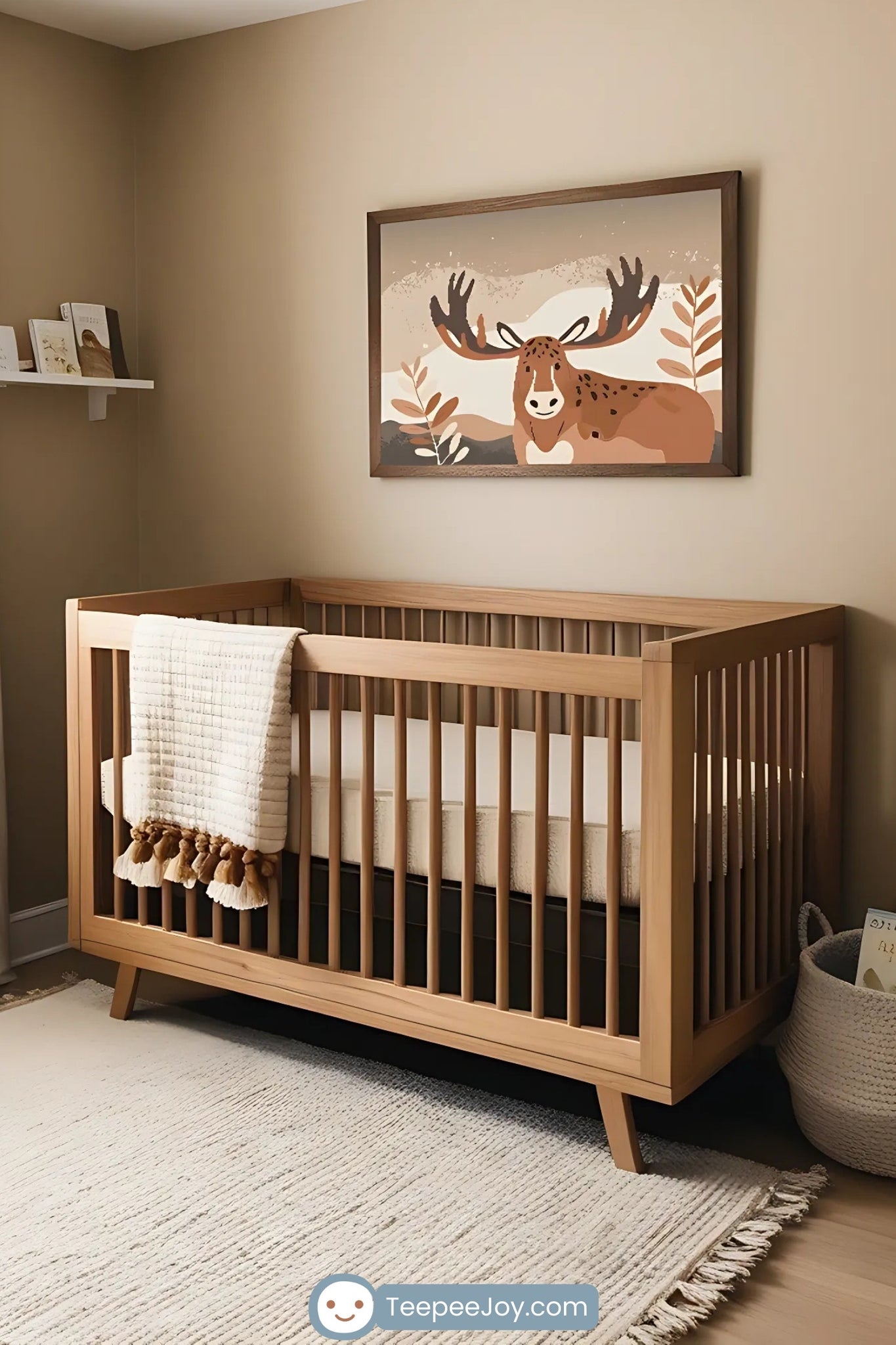 Minimalist nursery featuring a soft beige color palette, a wooden crib, and a cozy knit throw, with wall art of a cheerful moose surrounded by warm autumnal foliage serving as a focal point.