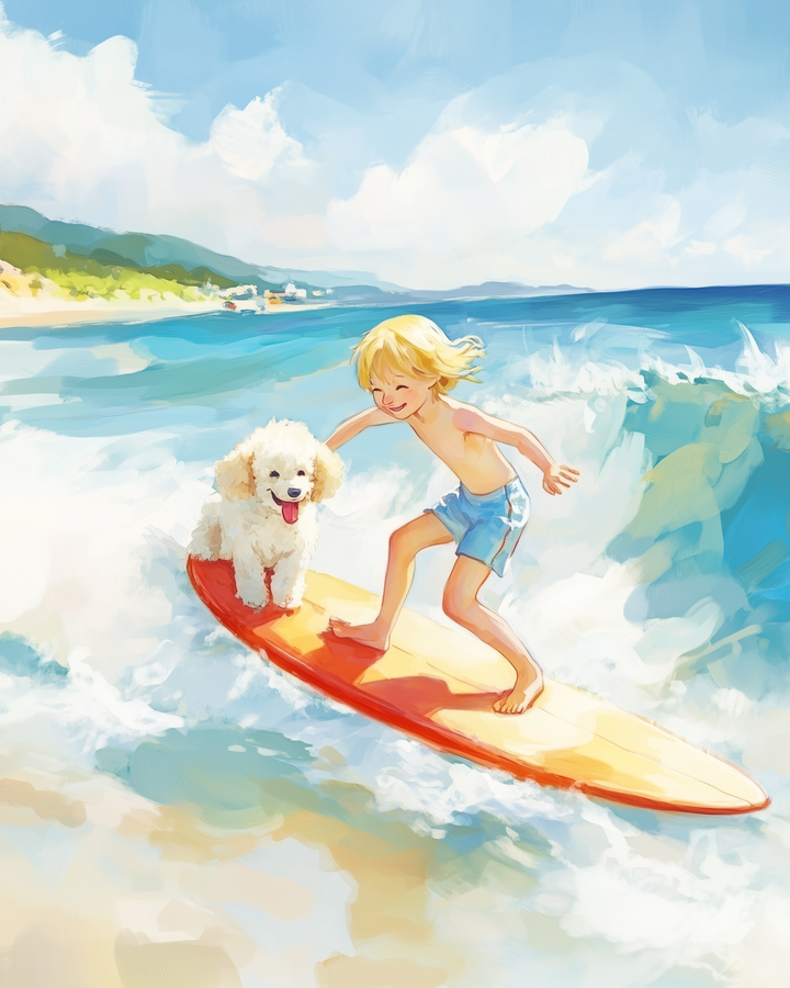 A smiling blonde-haired child in blue swim trunks surfs a wave on a yellow and orange surfboard alongside a fluffy white dog. With the sun shining brightly and the beach and hills in the background, the moment captures playful summer fun and friendship.