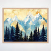 Mountain Wall Art for Nursery, Playroom or Kids Bedrooms - Serene Blue and Gold Peaks with Pine Tree Silhouettes- Majestic Peaks