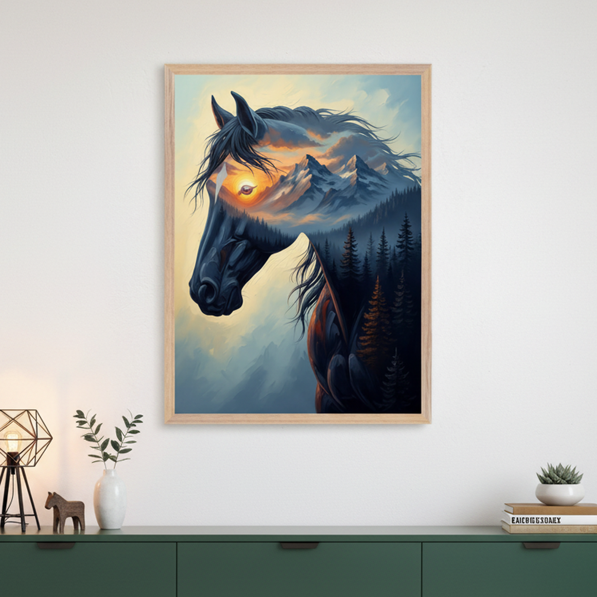 Framed surreal artwork of a black horse with a flowing mane, its body blending into a mountain landscape with pine trees and a glowing sunset sky. The piece hangs above a green cabinet decorated with a small lamp, a vase with greenery, and minimalistic decor, creating a calm and artistic ambiance.