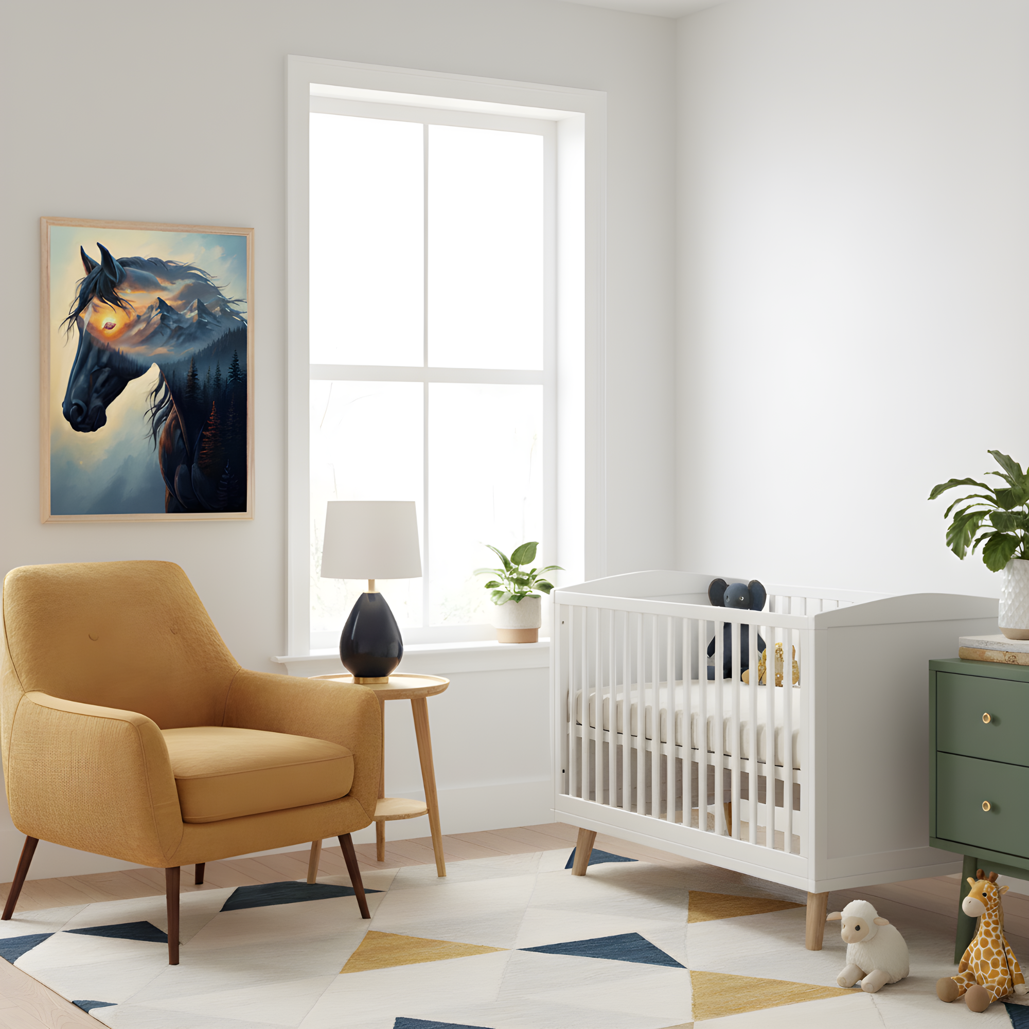 A bright and modern nursery with a white crib, mustard yellow armchair, and a geometric-patterned rug in shades of white, blue, and gold. A striking painting of a black horse with a fiery eye and mountain scene in its mane hangs above the chair, adding a bold focal point to the soft, neutral room.