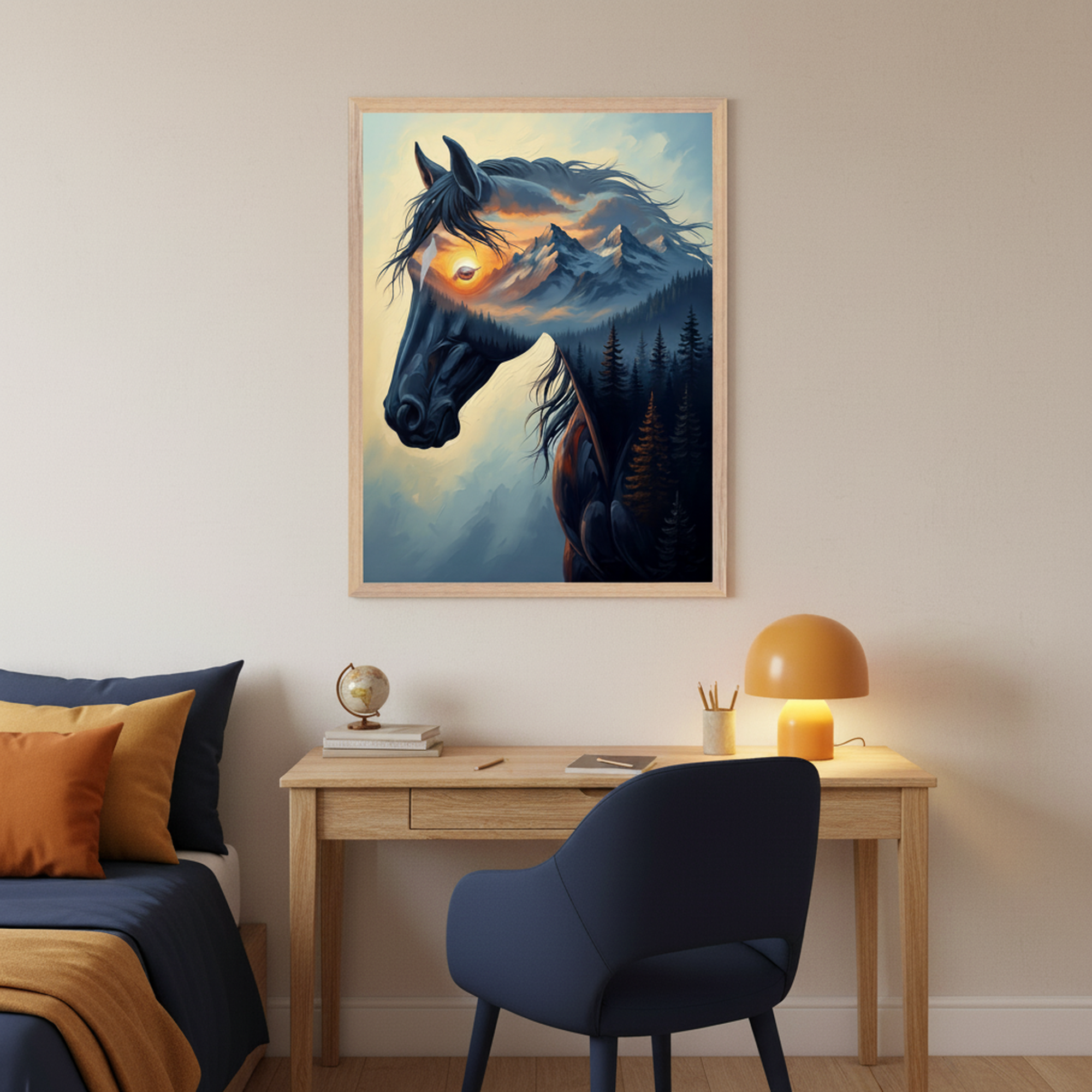 Cozy bedroom workspace featuring a light wooden desk with a bold orange lamp and navy blue chair, set beside a neatly made bed with navy and burnt orange bedding. Above the desk hangs a striking framed artwork of a black horse whose mane blends into a landscape of pine trees and snow-capped mountains at sunset.