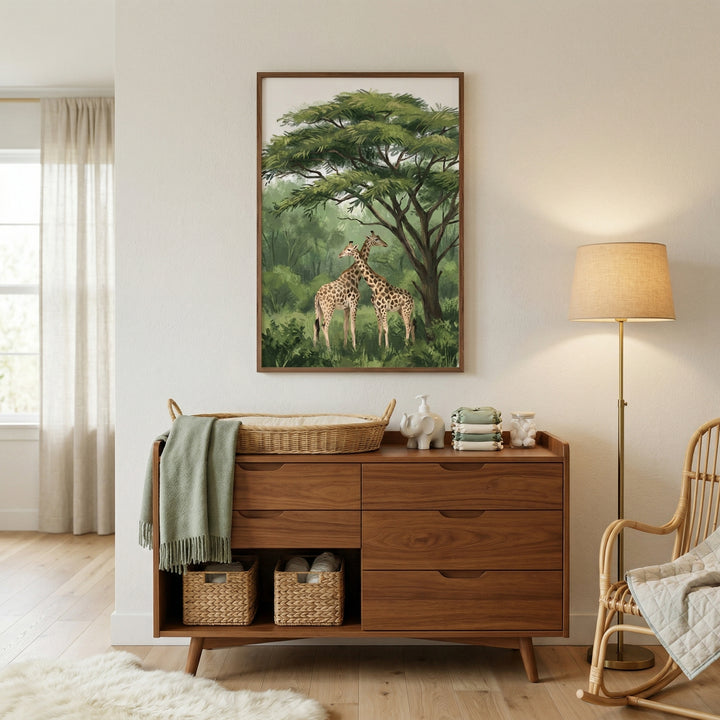 Acacia tree canopy giraffe wall art hangs above a wood dresser with a changing basket, beside a lamp and rocking chair.