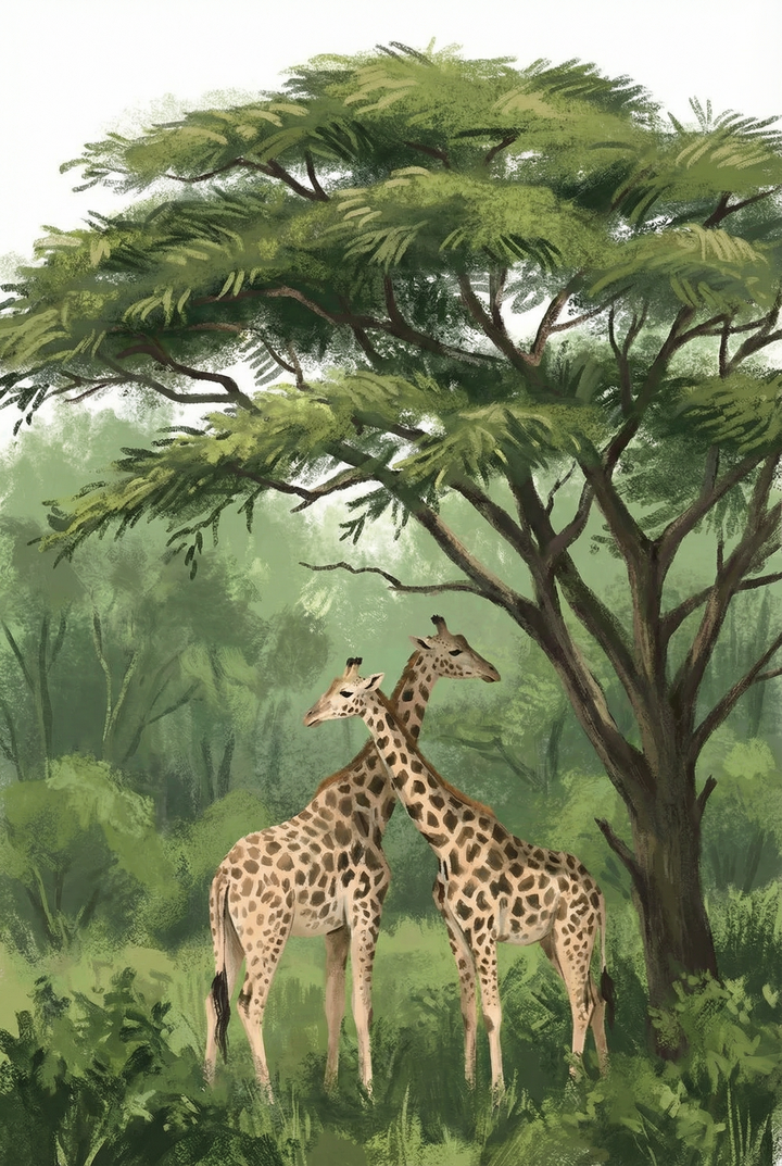 Two giraffes with crossed necks stand under a lush tree in this acacia tree canopy giraffe wall art.