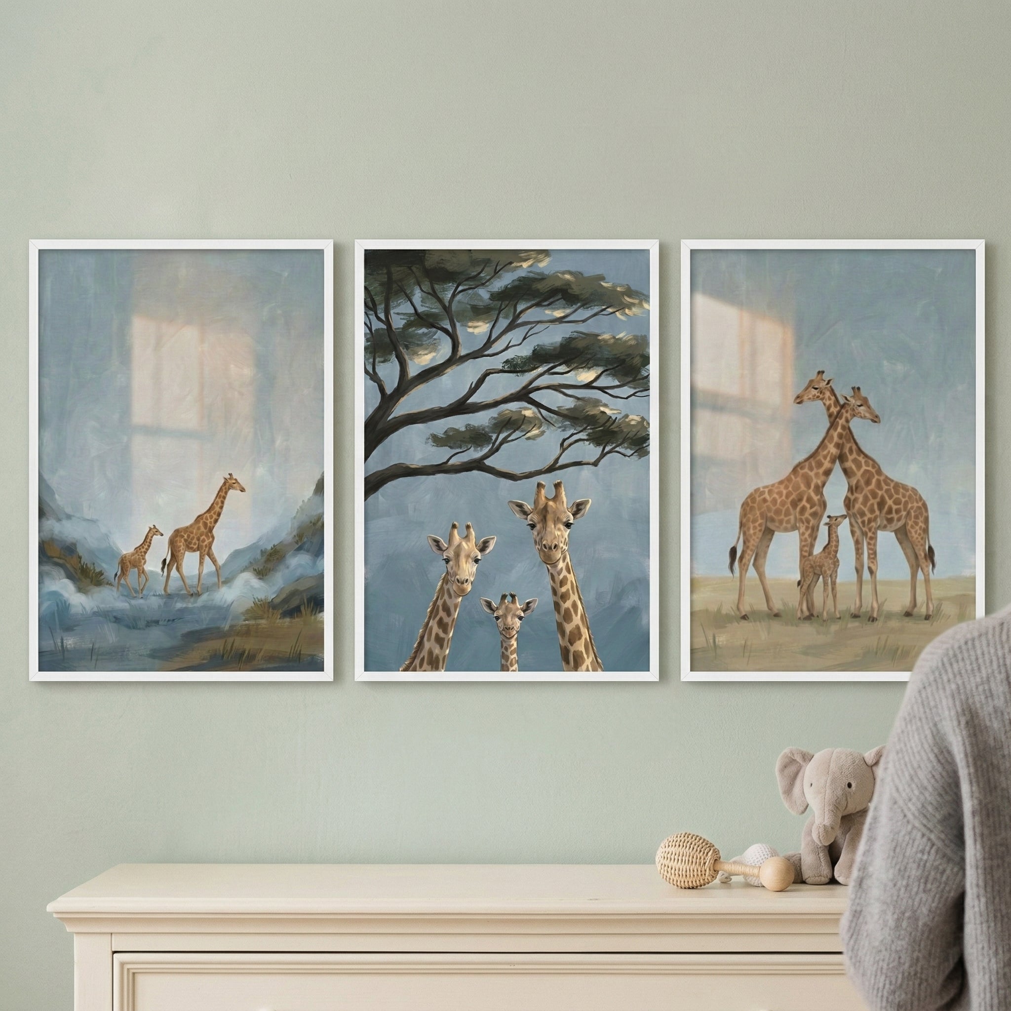 Safari Giraffe Wall Art For Kids Room Set of 3 - Gentle Giraffe Family