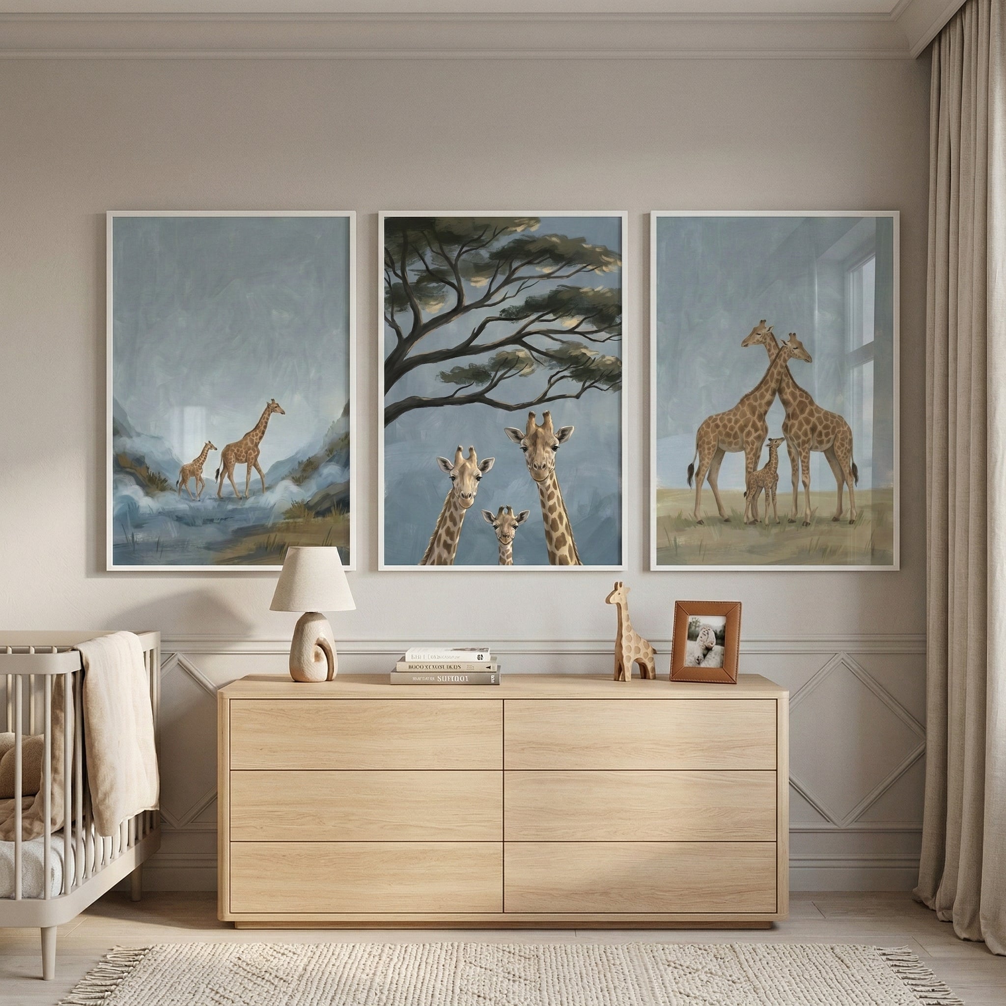 Safari Giraffe Wall Art For Kids Room Set of 3 - Gentle Giraffe Family