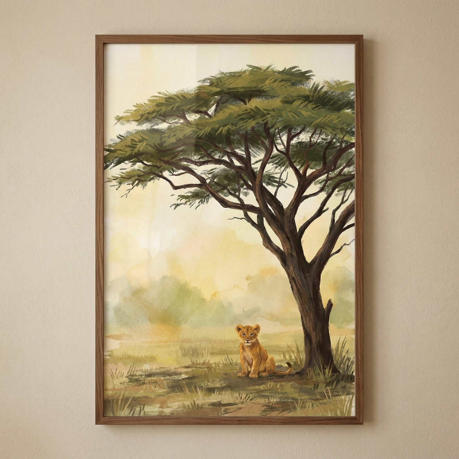 A watercolor-style illustration featuring a vast savanna landscape. A large, spreading tree with a dark trunk and a dense green canopy dominates the right side of the frame. Beneath the tree's shade, a small, golden lion cub sits calmly, looking forward. The background is a soft, hazy expanse of golden-yellow and pale green fields, suggesting a warm sunrise or sunset. The entire scene is rendered with delicate, blended strokes, creating a peaceful and serene atmosphere. 