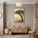 A serene nursery or child's playroom is shown, decorated in a soft palette of neutral, earthy tones. The walls are a muted taupe color, accented with classic decorative molding on the lower half and crown molding at the top.

Centered on the main wall is a large, vertical wooden frame containing an illustration of a sprawling savanna tree with deep green leaves. Beneath the wide branches of the tree, a single small lion cub sits on the golden, grassy ground under a soft, hazy sky.