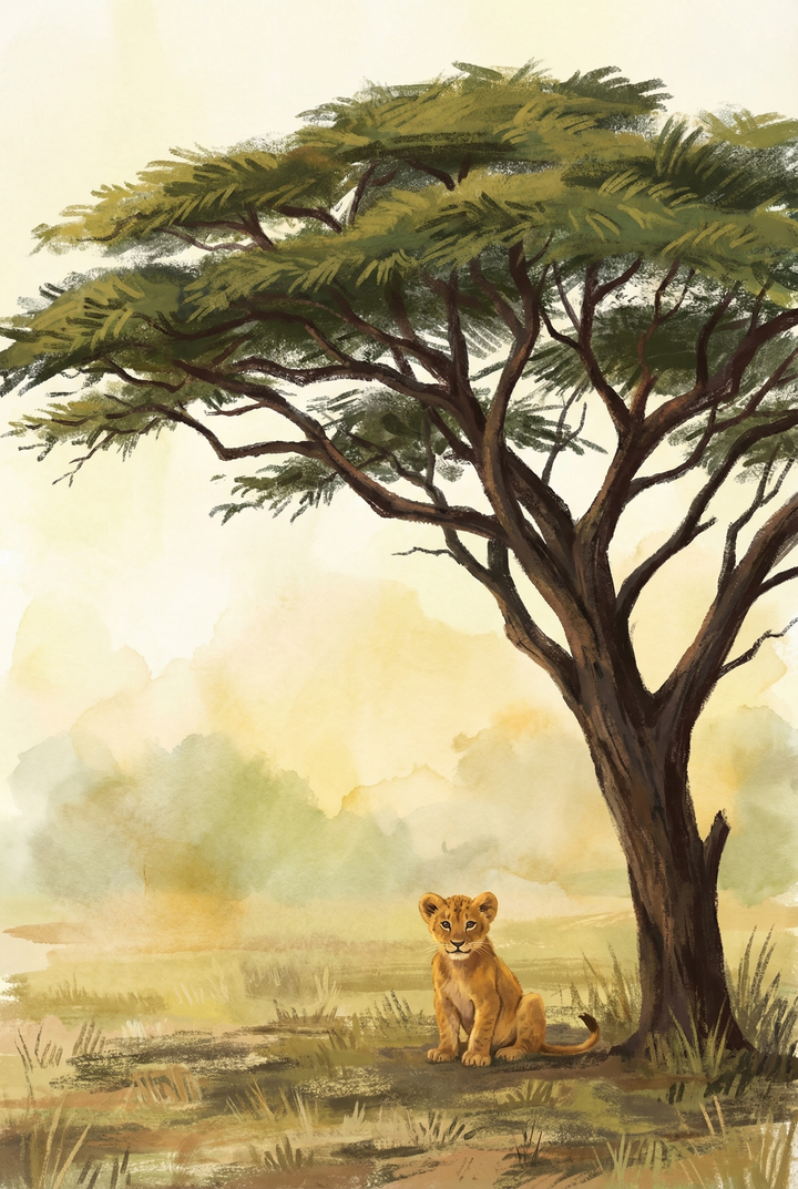 Lone lion cub sitting beneath a wide acacia tree on an open savanna, with soft golden light and distant landscape in the background.
