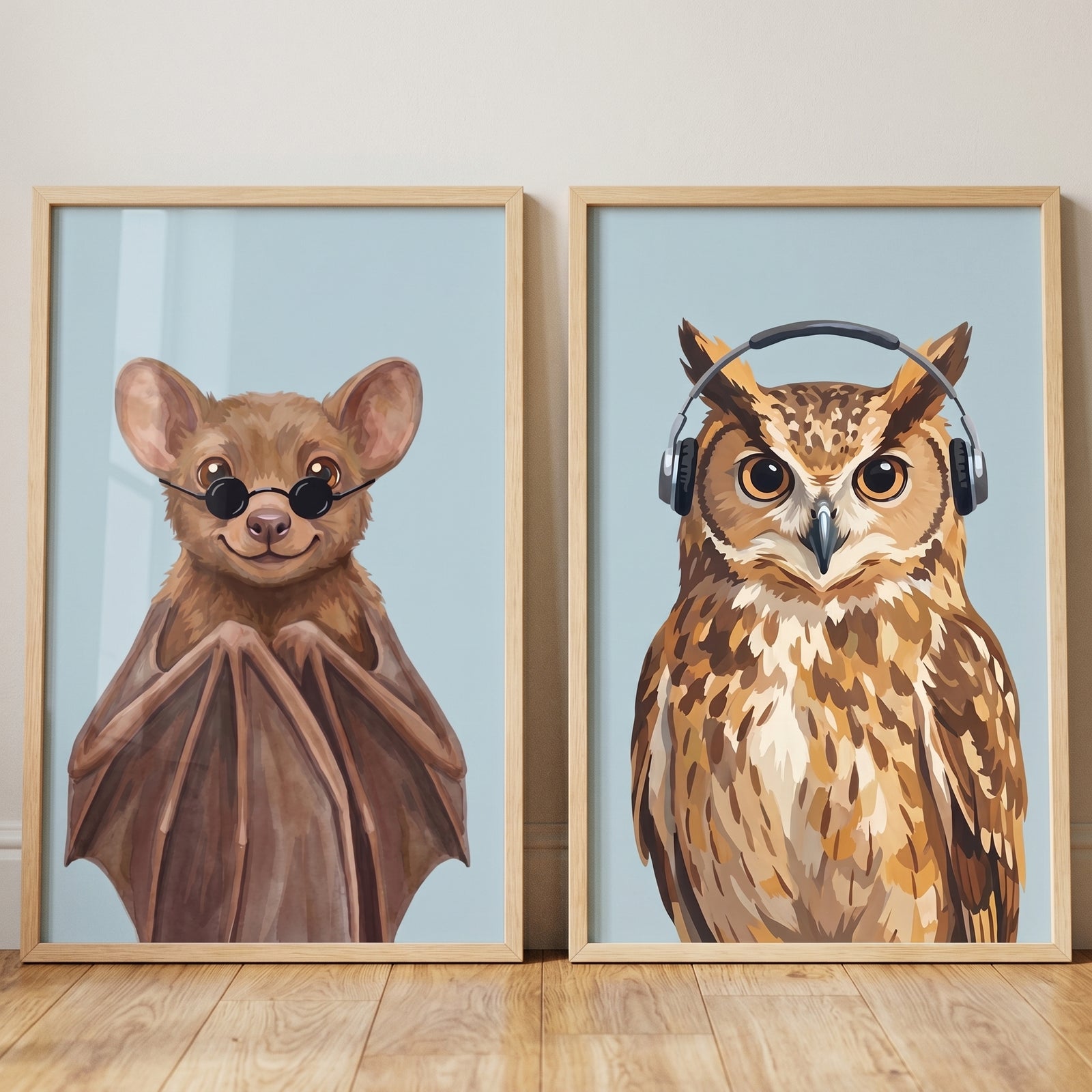 Accessorized blue nocturnal animals wall art set of 2 featuring a bat in sunglasses and an owl wearing headphones.