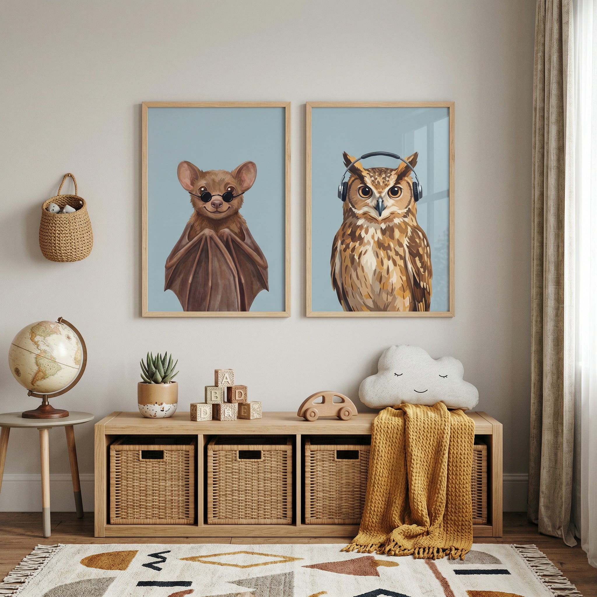 Accessorized Blue Nocturnal Animals Wall Art Set of 2 - Shades And Beats