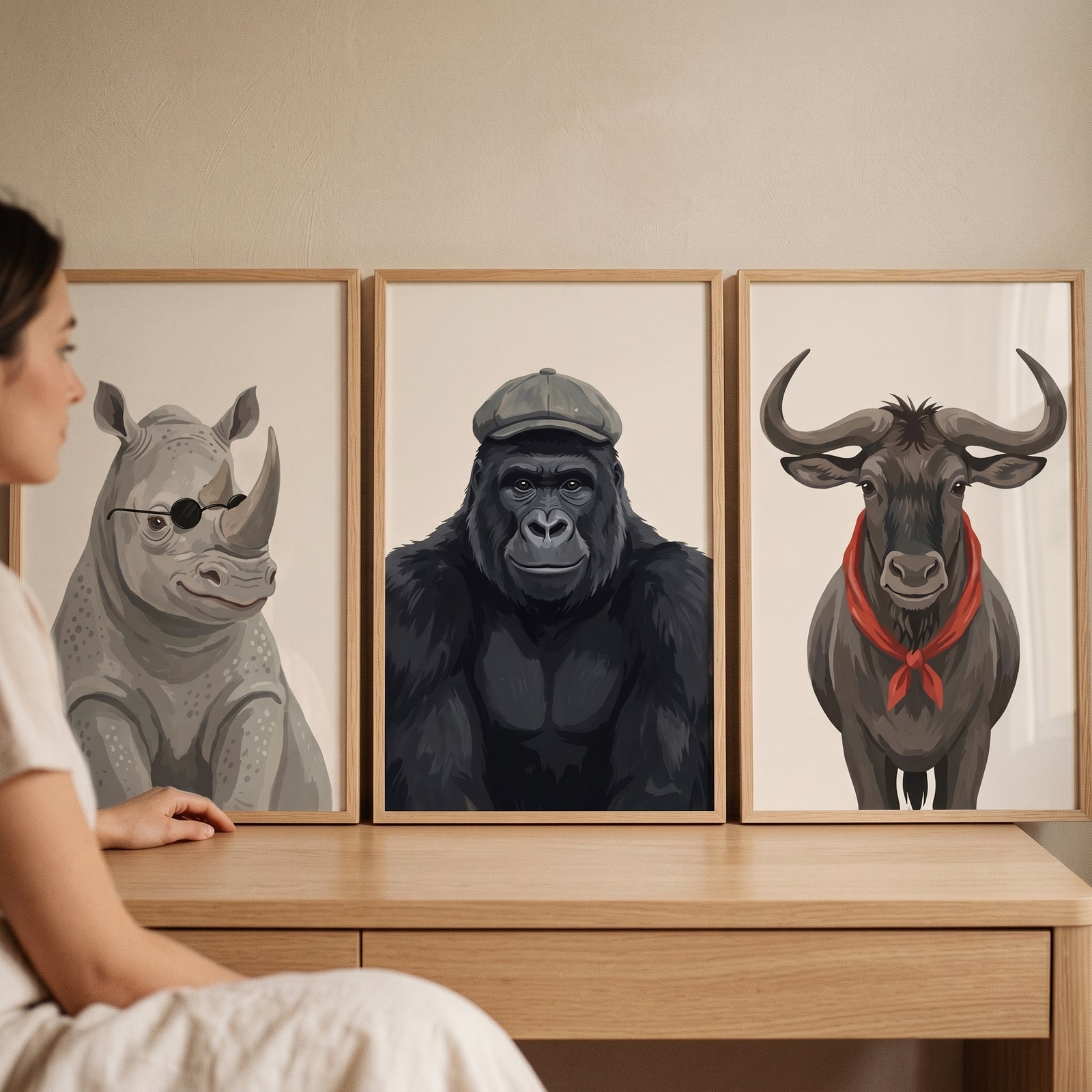 Accessorized dapper safari animal wall art set of 3 with a rhino, gorilla, and buffalo on a light wood desk.