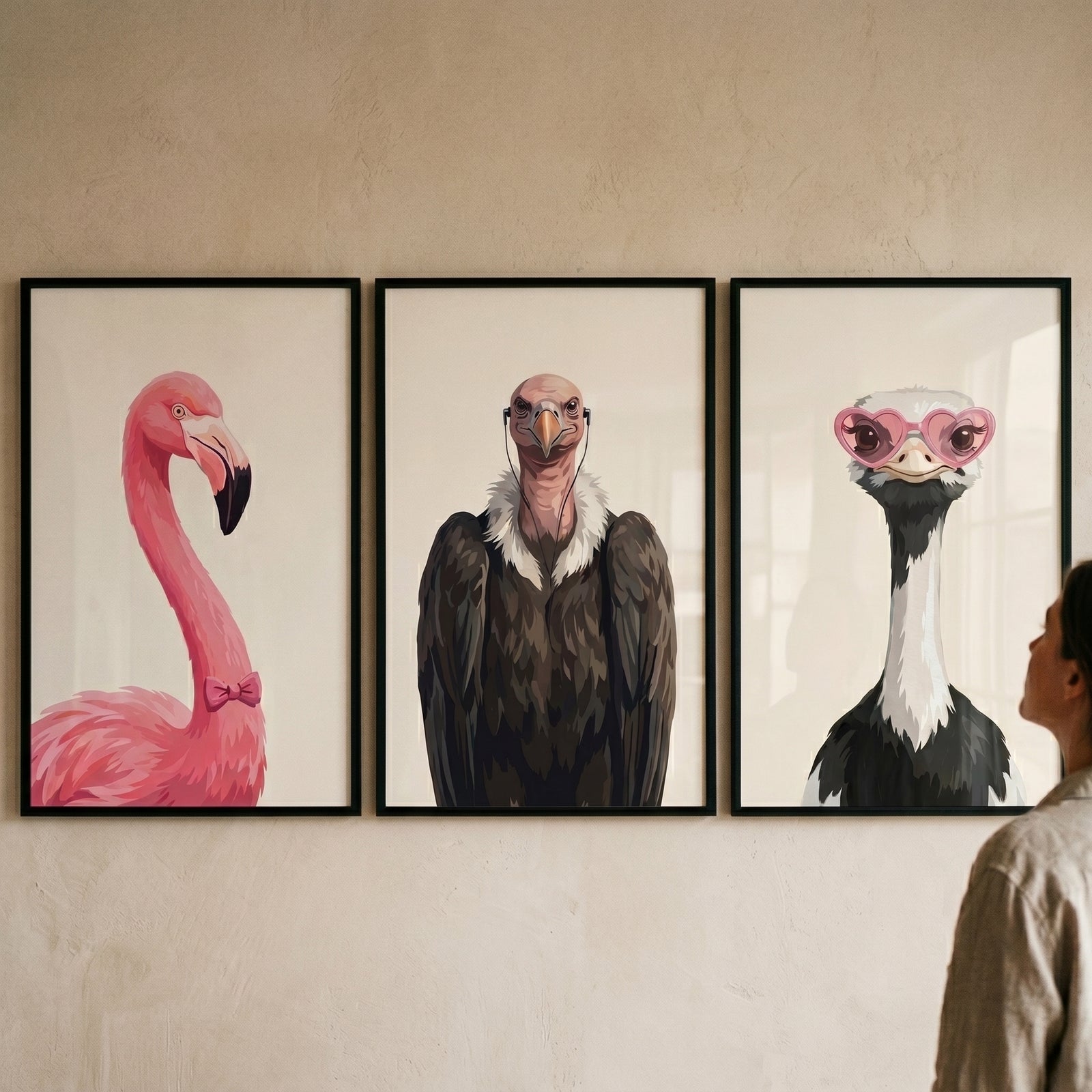 Accessorized funny bird wall art set of 3 featuring a flamingo, a vulture in earbuds, and an ostrich in heart glasses.