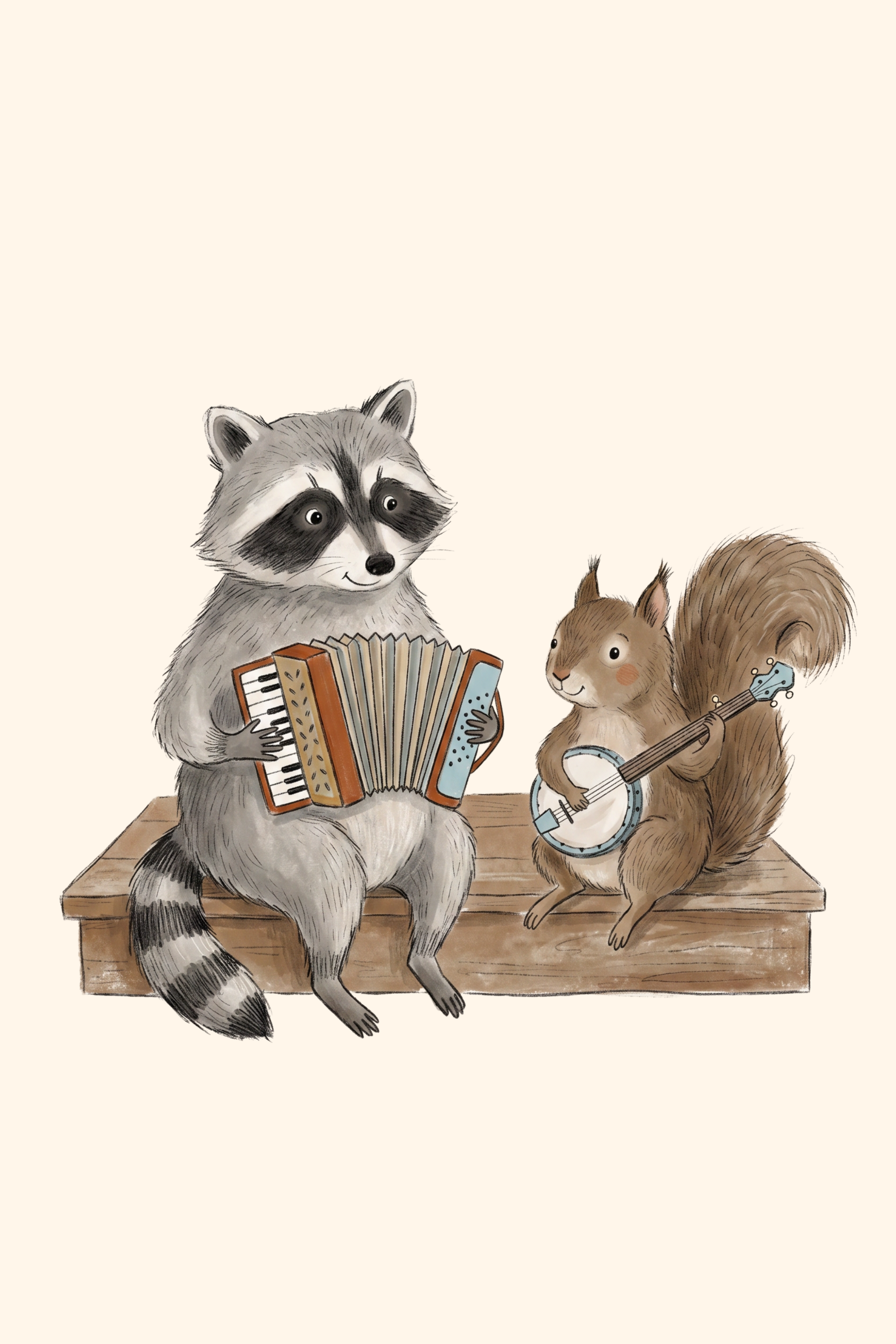 Accordion Raccoon Banjo Squirrel Animals Wall Art - Woodland Music Duet