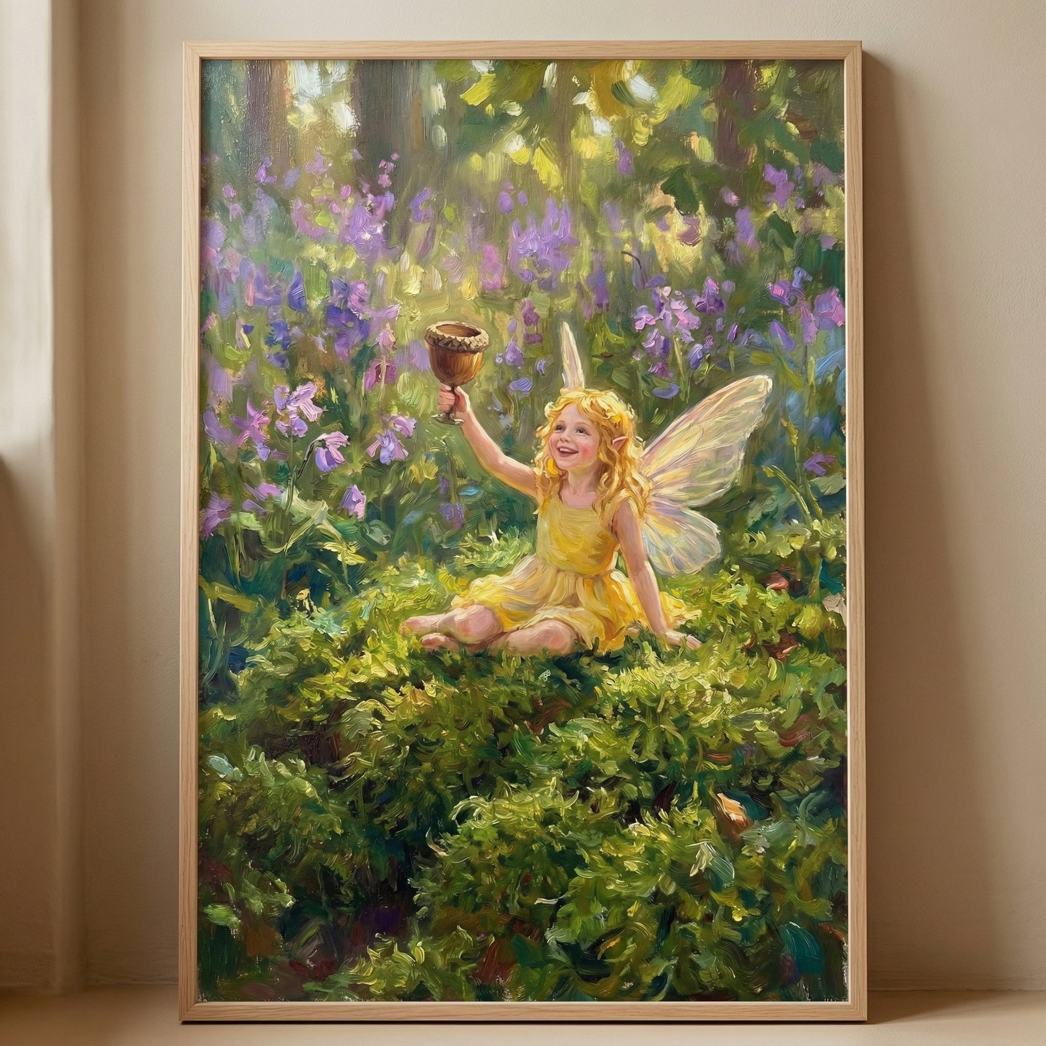 An ethereal illustration depicts a young fairy with shimmering wings, seated amidst a lush, green forest floor. She wears a simple yellow dress and holds aloft a small cup made from an acorn. Her face is bright with a joyful smile. 