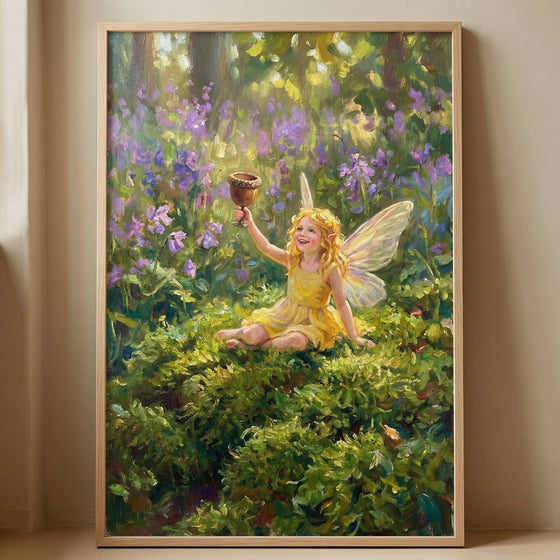 An ethereal illustration depicts a young fairy with shimmering wings, seated amidst a lush, green forest floor. She wears a simple yellow dress and holds aloft a small cup made from an acorn. Her face is bright with a joyful smile. 