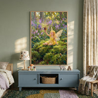 A cozy child’s bedroom features sage green walls and a large, vertically oriented framed illustration as its centerpiece. The artwork depicts a small child with delicate wings and golden hair, dressed in a yellow gown, sitting atop a plush mossy mound in a vibrant forest. The scene is filled with blooming purple flowers and soft, dappled sunlight, as the winged child holds up a small, cup-like object. 

