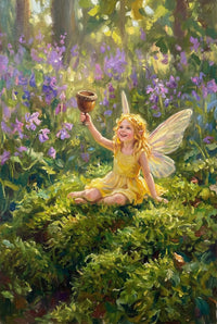 A smiling fairy in a yellow dress sits among green grass and purple wildflowers holding up a small cup. Sunlight filters through the background, highlighting her wings and joyful expression. The painterly style gives a soft enchanted forest feel.

