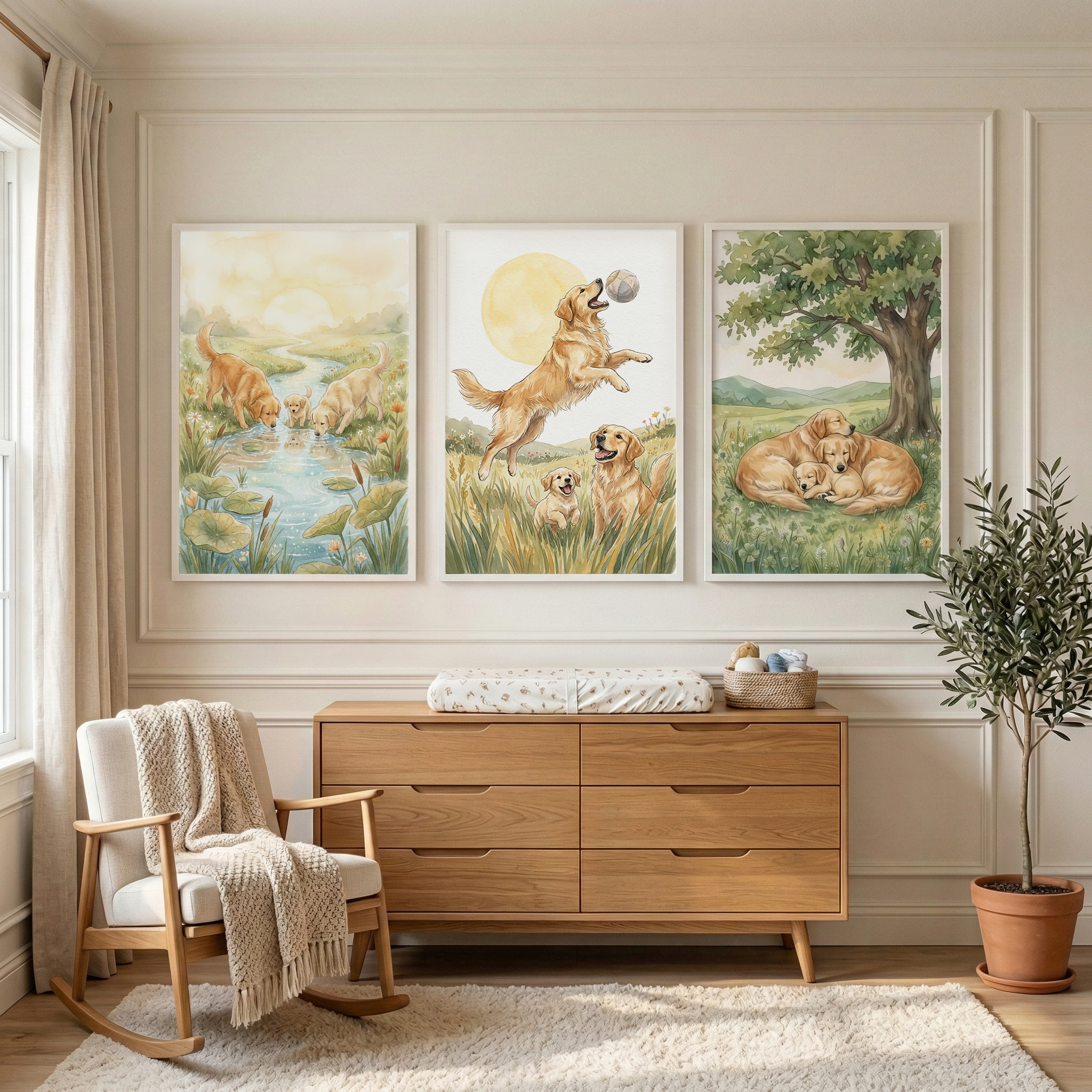 Active Golden Dog Wall Art Set of 3 - Sunny Retriever Joy