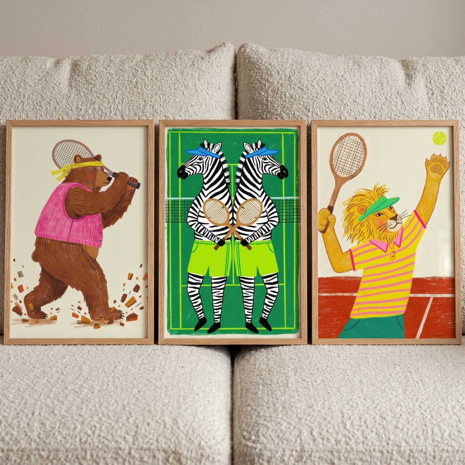 Active sport playing animal wall art set of 3 featuring a tennis playing bear, zebras, and a lion in wood frames.