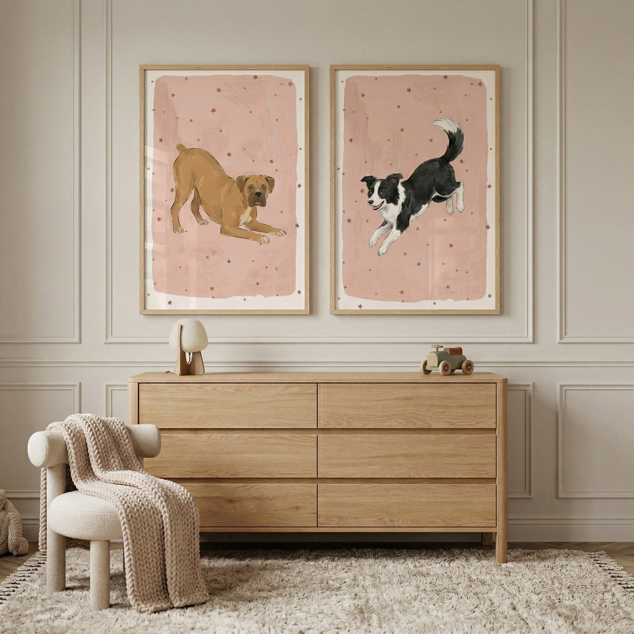 Active Starry Pink Dog Wall Art Set of 2 - Playful Starry Pups