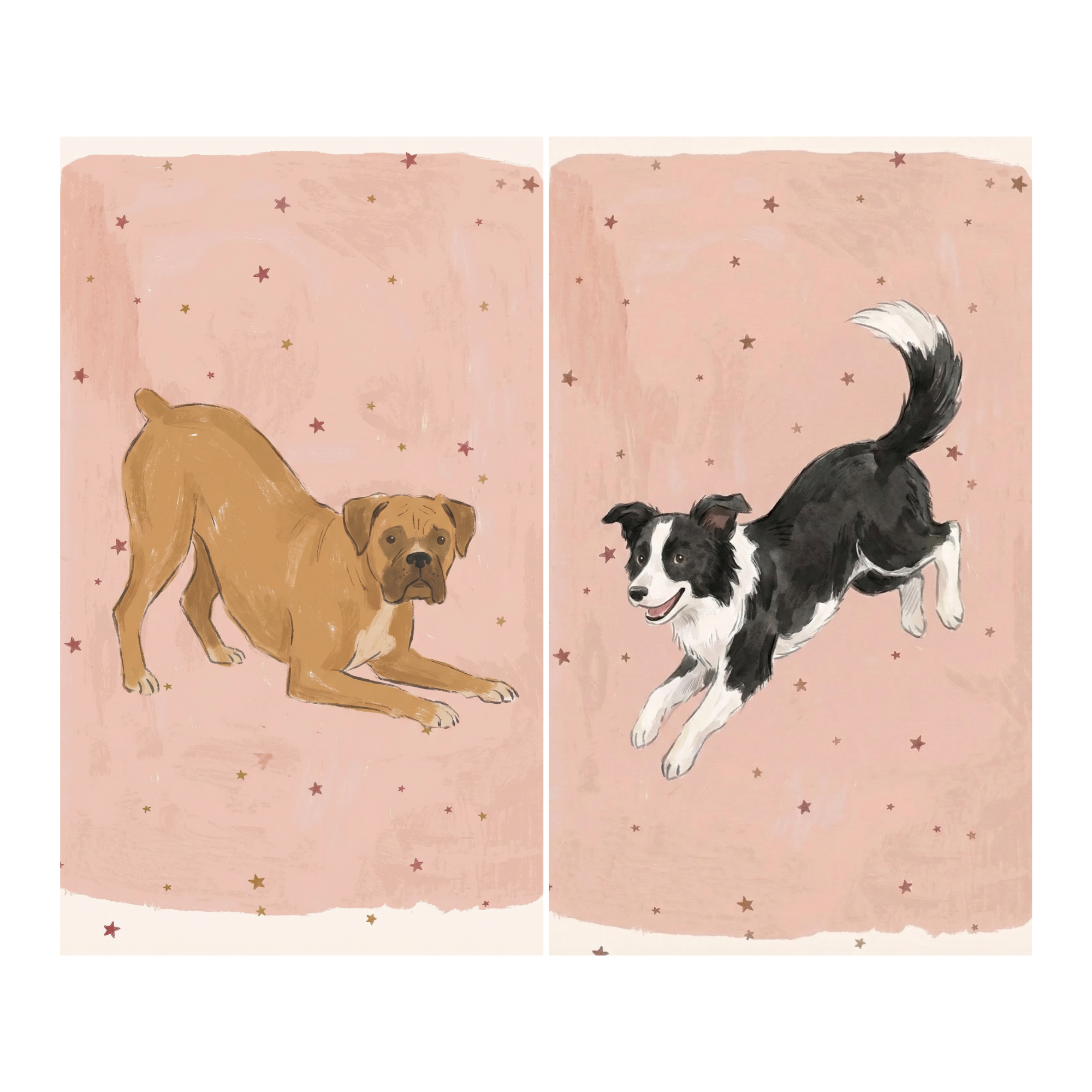  Three illustrated dogs on a pink starry background including a pug a fluffy small dog with a bow and a standing black and white dog holding a flower. Each dog has gentle expressions and subtle floral details for a cute pet themed artwork.
