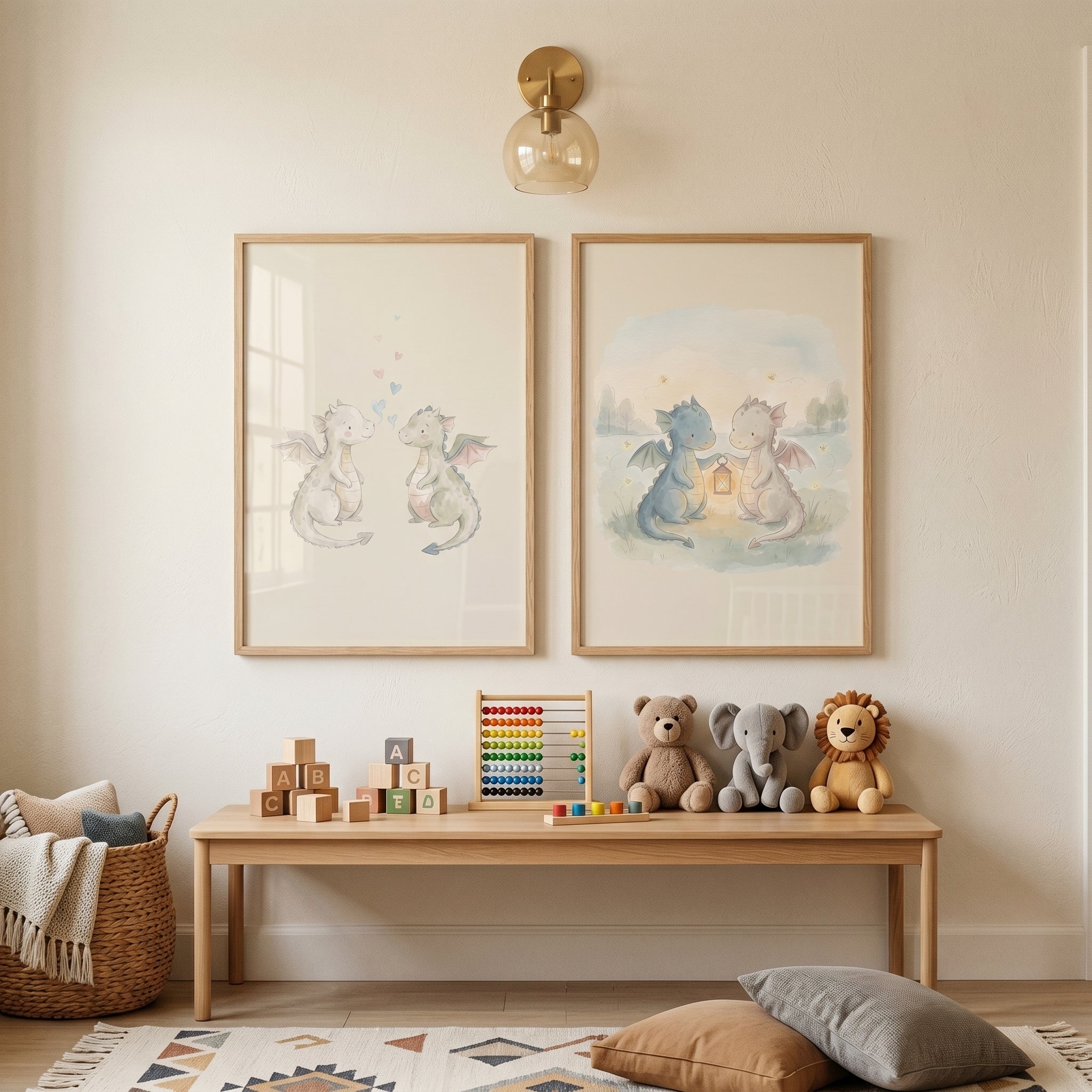 Adorable Watercolor Baby Dragons Wall Art Set of 2 - Little Lantern Dragons