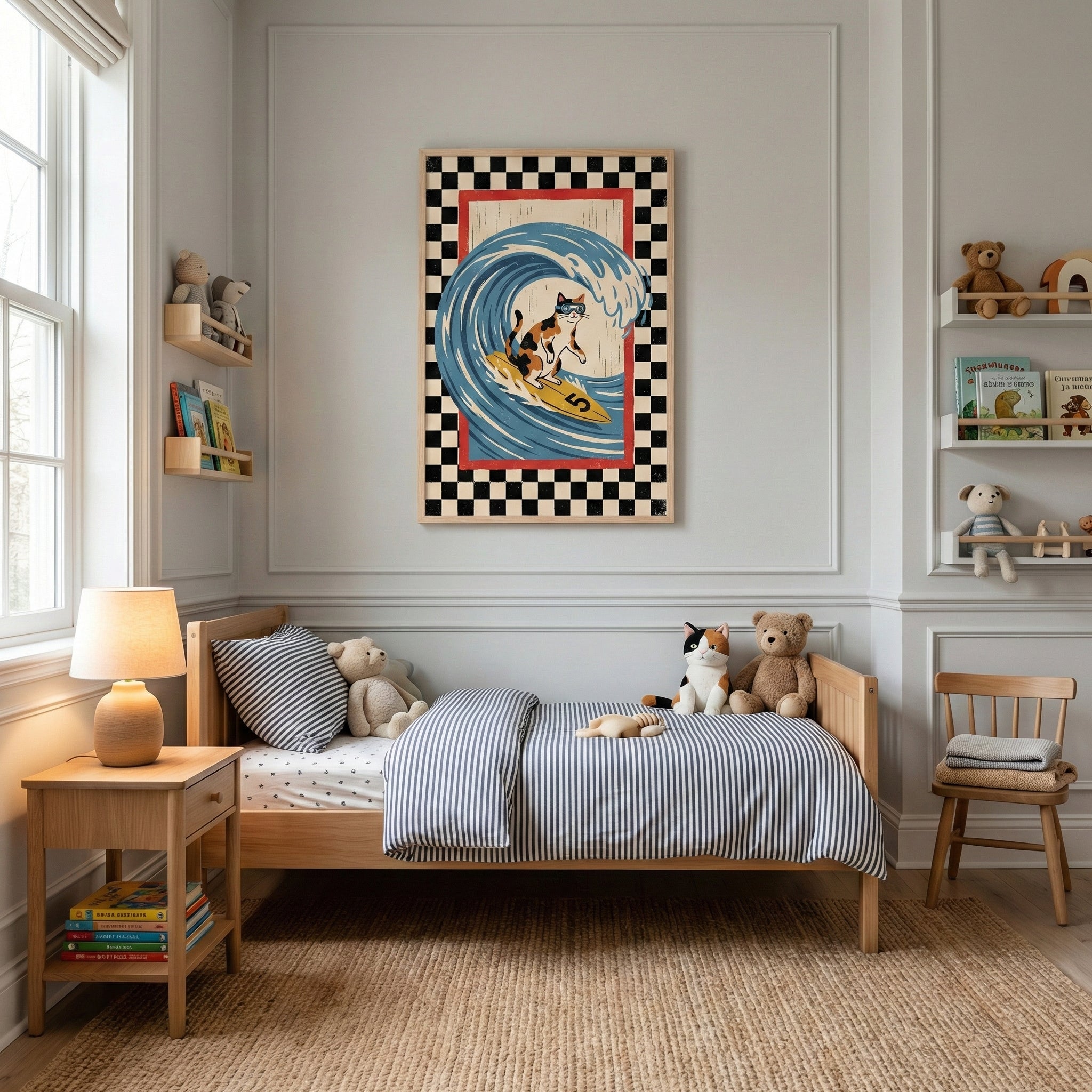 A brightly lit child's bedroom featuring light-toned wooden furniture and soft gray walls with decorative molding. Centered on the main wall is a large framed illustration of a calico cat wearing goggles and surfing a large blue wave on a yellow surfboard, set against a black and white checkered border. A wooden bed with blue and white striped bedding sits against the wall, accented by several plush stuffed animals. To the left is a wooden nightstand holding a ceramic lamp and a small stack of books. 