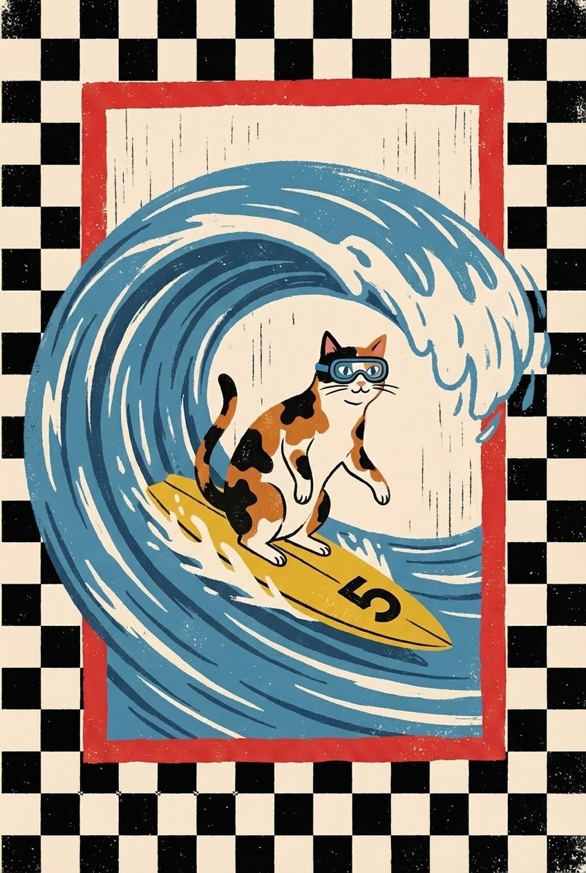 Illustration of a calico cat surfing on a large blue wave, wearing blue goggles and riding a yellow surfboard labeled with the number 5, surrounded by a red frame and black-and-white checkerboard border.