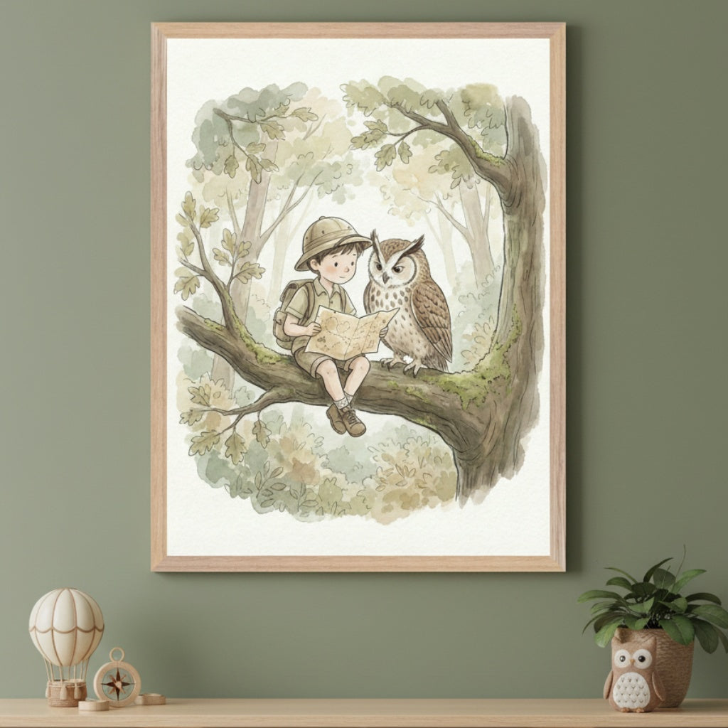 Nursery with a light wood shelf. Above it, a framed watercolor illustration of a boy and an owl on a tree branch, looking at a map. On the shelf: a hot air balloon, compass, and potted plant in an owl holder.