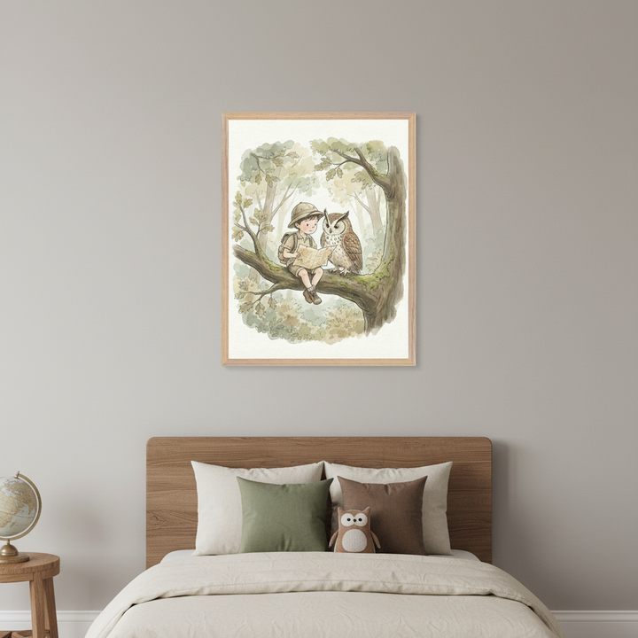 Kid's bedroom with a wooden bed, cream bedding, and green and brown pillows. An owl plush sits on the bed. A framed watercolor illustration of a boy with a map and an owl on a tree branch in a forest hangs above the bed to the right. A globe is on a side table on the left.