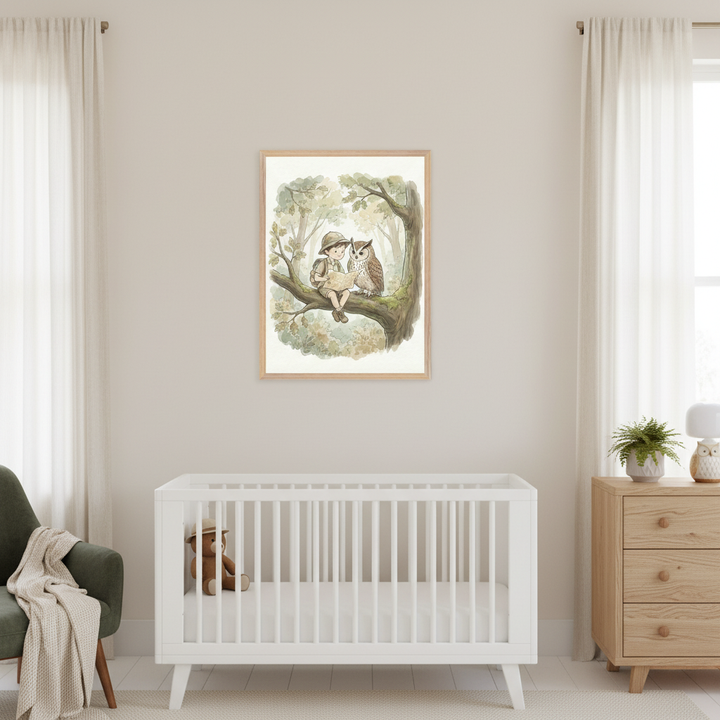 Modern nursery with a white crib, green armchair, and wooden dresser. A framed watercolor print of a boy with an owl on a tree branch looking at a map hangs above the crib.
