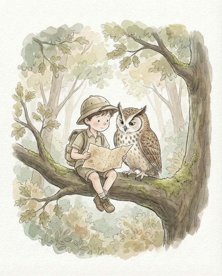 Watercolor illustration of a young explorer boy sitting on a mossy tree branch beside a wise owl while reading a map, evoking curiosity and adventure in kids' woodland-themed wall art.
