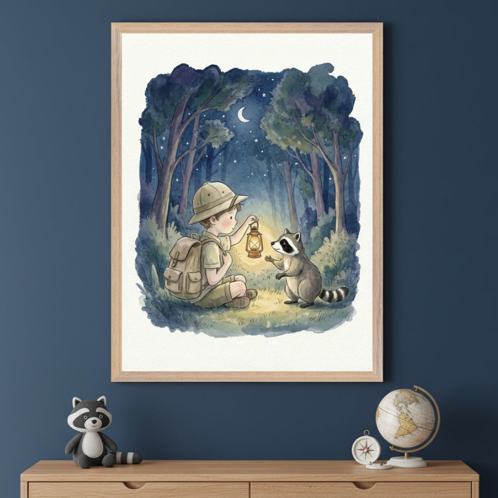 Raccoon Rendezvous - Adventure Framed Wall Art for Nursery, Playroom or Kids Bedrooms