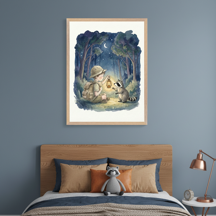 Kid's bedroom with a blue wall and a wooden bed. A large framed watercolor painting of a boy with a lantern and a raccoon in a forest at night hangs centered above the bed. The bed has brown and orange pillows and a raccoon plush.