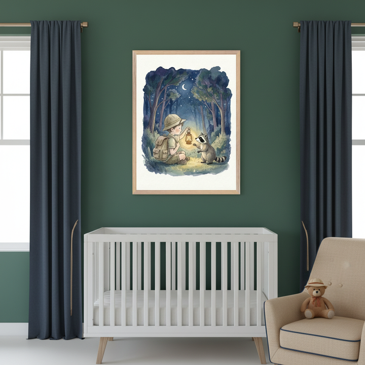 Modern nursery with dark green walls, a white crib, and a beige armchair. Above the crib, a framed watercolor of a boy with a lantern and a raccoon in a night forest.