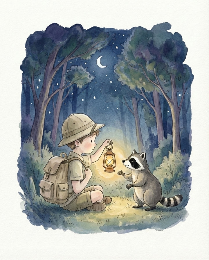 Magical nighttime illustration of a boy holding a glowing lantern while sitting in a moonlit forest as a raccoon reaches toward the light, creating a warm and adventurous atmosphere for children’s wall art.
