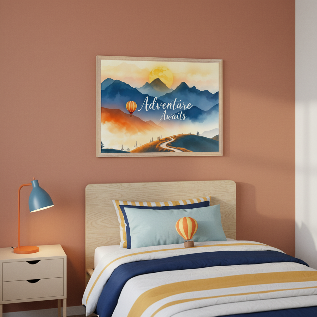 Kid's bedroom with a bed with striped bedding and a nightstand with a lamp. A framed watercolor painting of blue mountains, a yellow sun, an orange hot air balloon, a winding path, and "Adventure Awaits" text hangs above the bed.