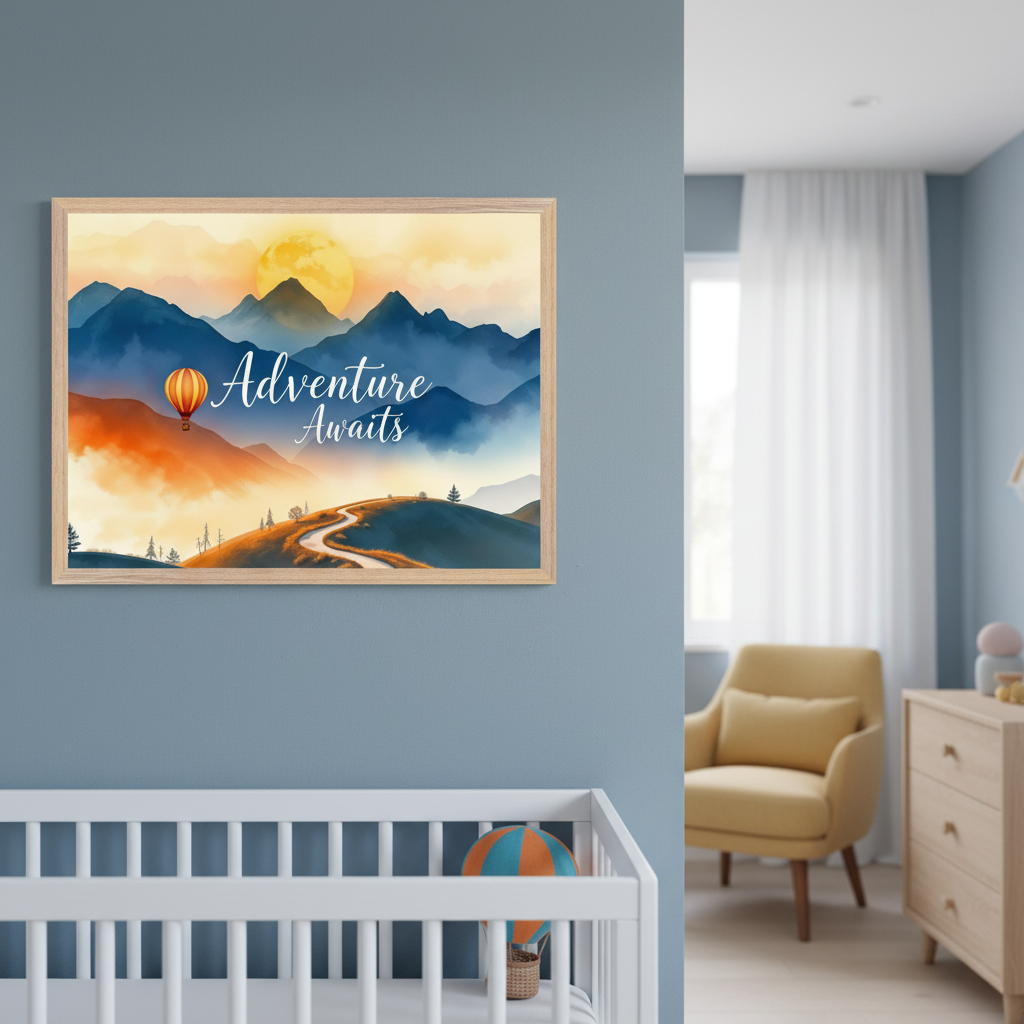 Modern nursery with a blue wall featuring a large framed watercolor print above a white crib. The artwork depicts blue mountains, an orange hot air balloon, a yellow sun, a winding road, and the text "Adventure Awaits". A yellow armchair and wood dresser are in the background.