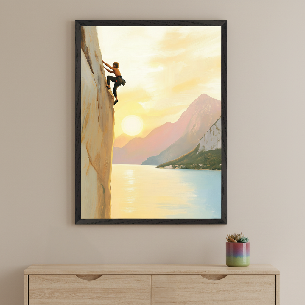 Modern room with a light wood media console. A large framed painting of a rock climber on a cliff by a calm lake with mountains at sunset hangs above the console. An orange floor lamp stands left, and a recessed shelf with blue and orange pillows is on the wall.
