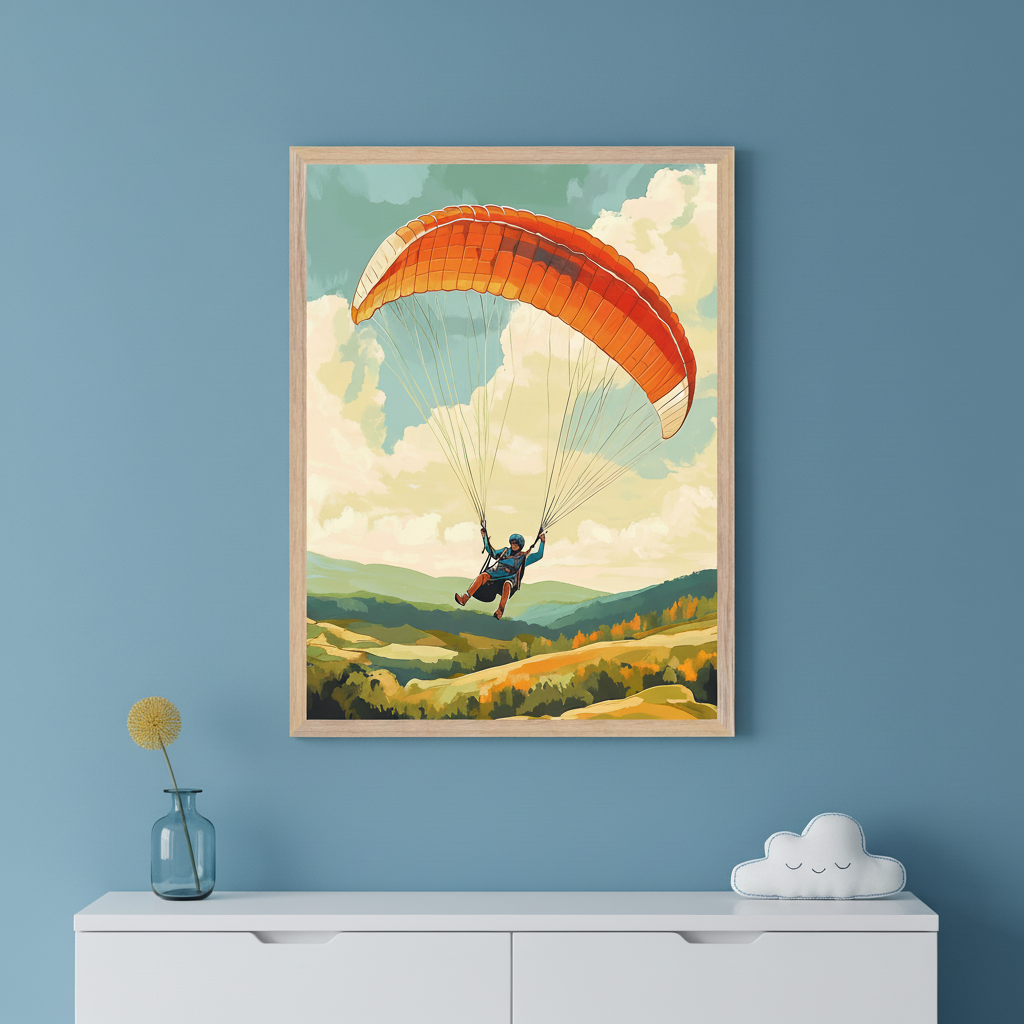 Modern room with a white low cabinet. A large framed illustration of an orange paraglider soaring over green and yellow rolling hills under a cloudy sky hangs centered above the cabinet. A brown book and a small yellow potted plant are on the cabinet.