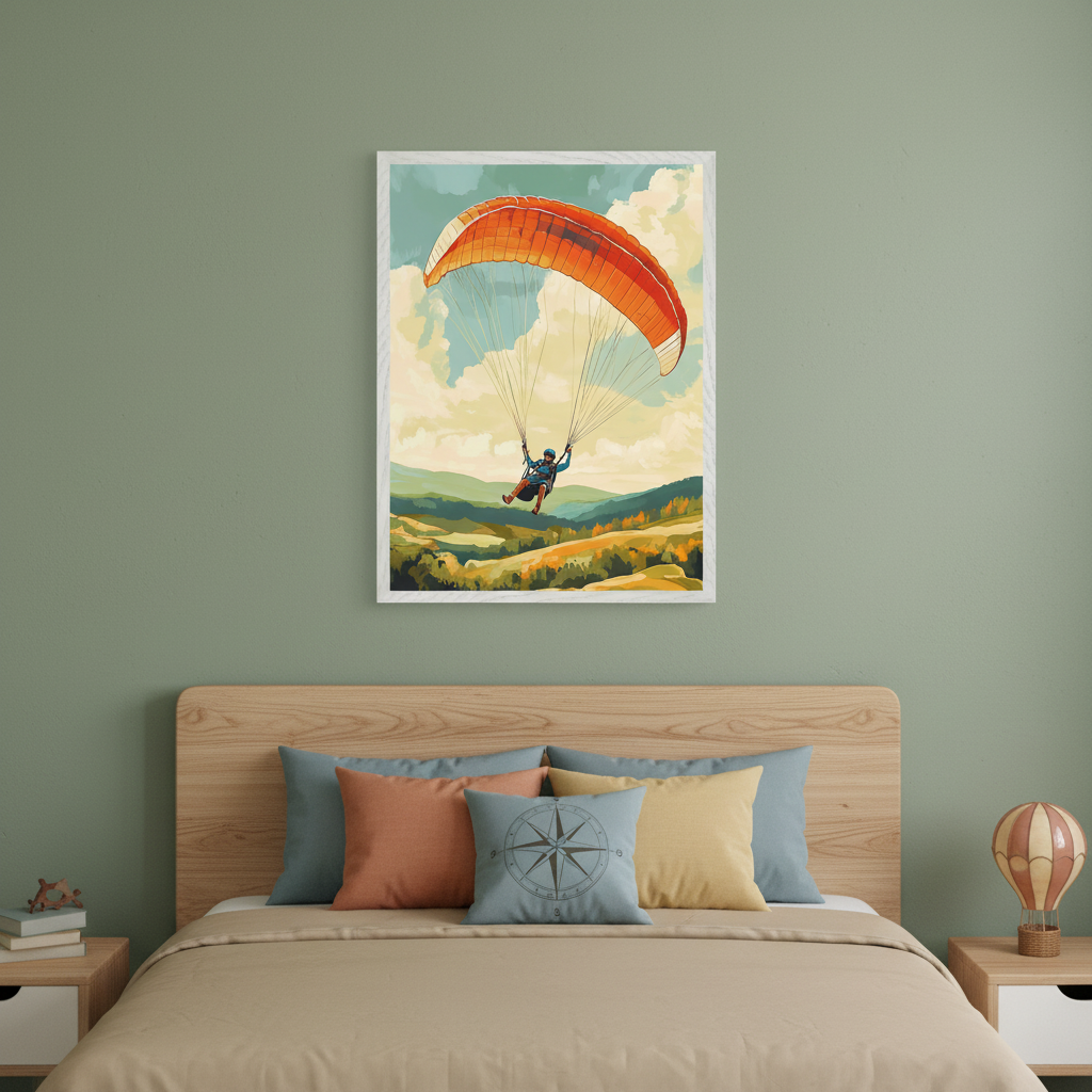 Modern bedroom with a light wood bed and neutral bedding. A large framed illustration of a paraglider flying over hills under a cloudy sky hangs centered above the bed.