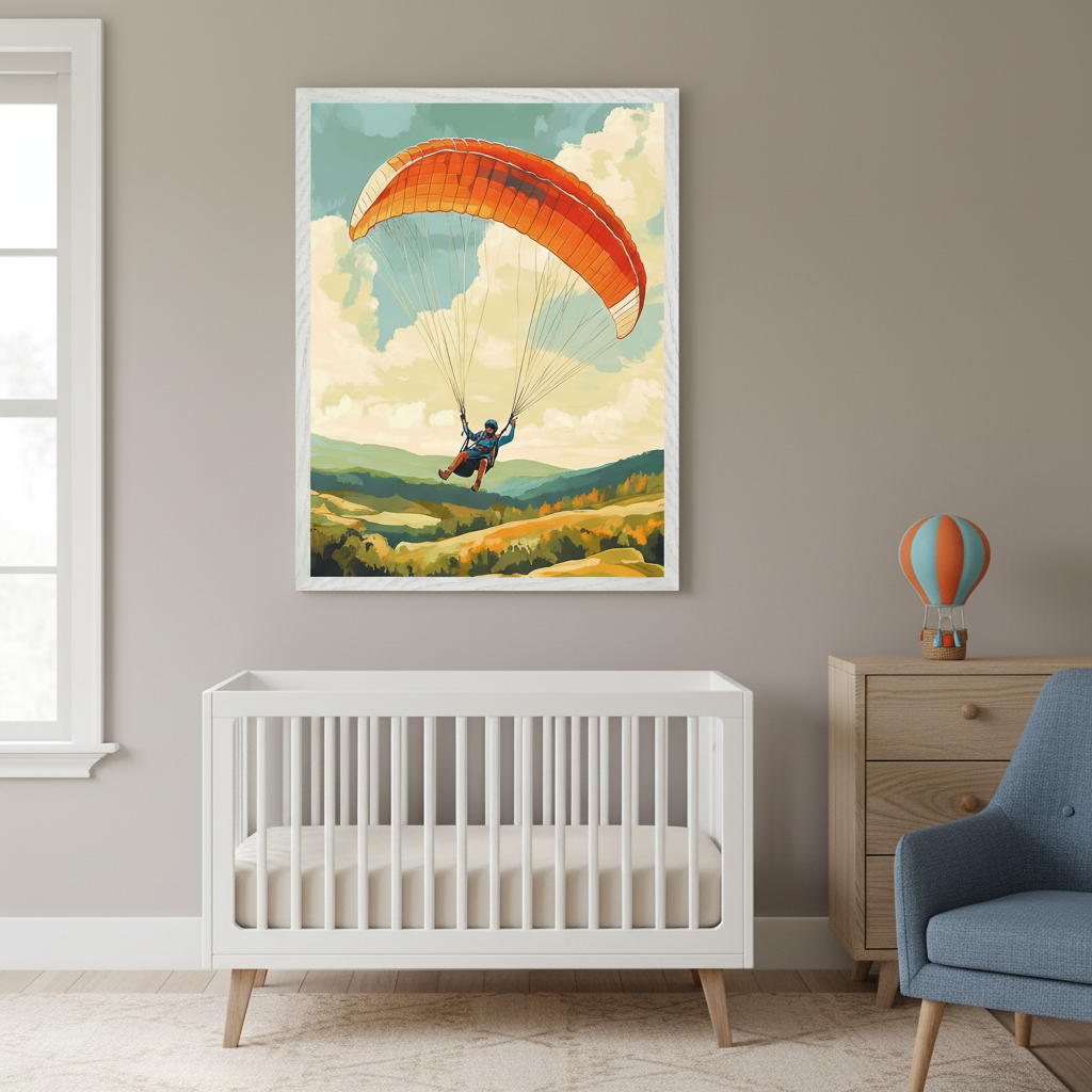 Modern nursery with a white crib, wooden dresser, and blue armchair. A large framed illustration of a paraglider with an orange parachute flying over a colorful landscape hangs above the crib.