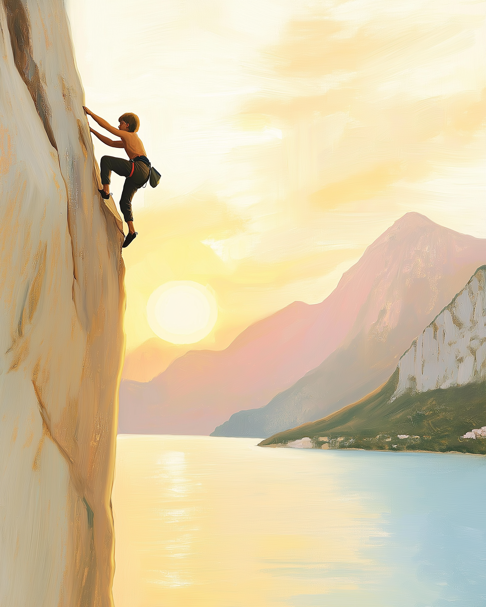 A climber ascends a sheer rock face with determination, silhouetted against a vibrant sunset. The serene backdrop features a tranquil lake and distant mountains bathed in warm, golden light.